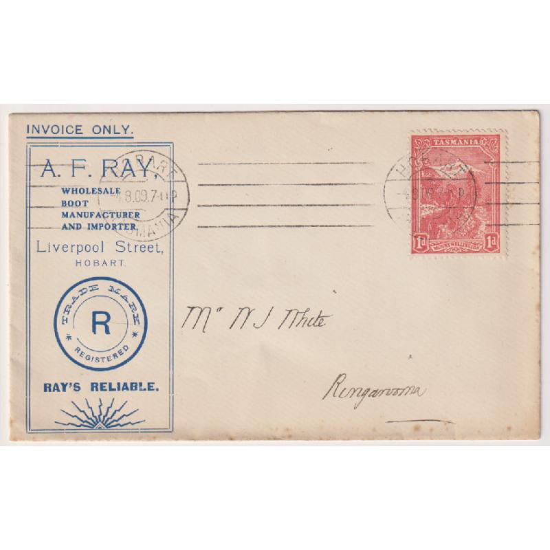(MM1331) TASMANIA · 1909: A.F. RAY WHOLESALE BOOT MANUFACTURER, HOBART advertising envelope mailed to Ringarooma · mailed at the 1d commercial papers rate (flap unsealed) · see full description