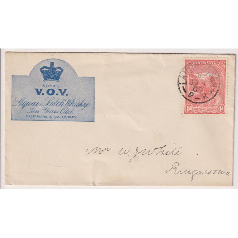 (MM1334) TASMANIA · 1909: small cover advertising ROYAL V.O.V. LIQUEUR SCOTCH WHISKY mailed to Ringarooma by Irvine & McEachern, Launceston at the 1d commercial papers rate · unsealed · nice condition (2 images)