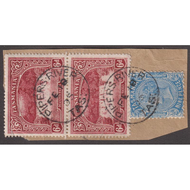 (MM1351) TASMANIA · 1905: lovely parcel wrapper piece bearing two full clear strikes of the PIPERS RIVER Type 1a cds · rated S-(4) but much rarer in this 'format' ...... see largest image