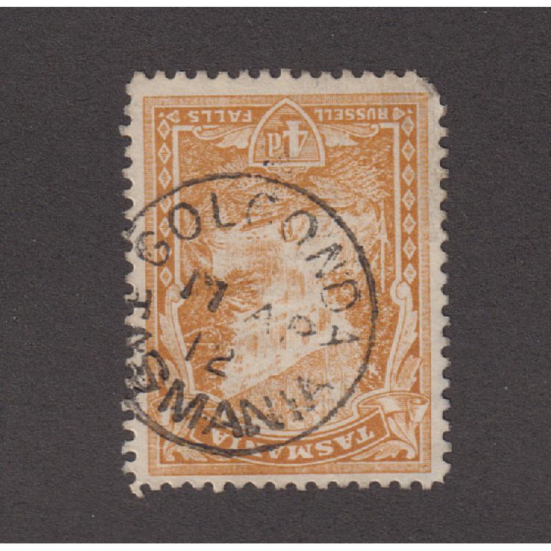 (MM1357) TASMANIA · 1912: an clear and nearly complete strike of the GOLCONDA Type 1 cds on a 4d Pictorial ('rounded' corner) · not often seen on this stamp