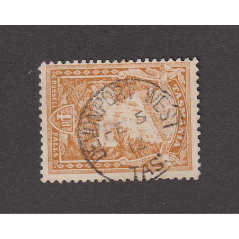 (MM1359 TASMANIA · 1912: a clear snd nearly completd example of the DEVONPORT WEST Type 1a cds in a 4d Pictorial · postmark is rated S(6*) and is scarcer still on this stamp