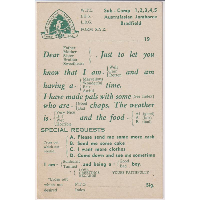 (MM1426) AUSTRALIA · 1938/39: unused humorous greeting postcard designed for use at the Australasian Scout Jamboree held at Bradfield Park, N.S.W. · very nice condition and very much a rare survivor (2 images)