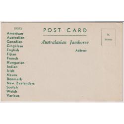(MM1426) AUSTRALIA · 1938/39: unused humorous greeting postcard designed for use at the Australasian Scout Jamboree held at Bradfield Park, N.S.W. · very nice condition and very much a rare survivor (2 images)