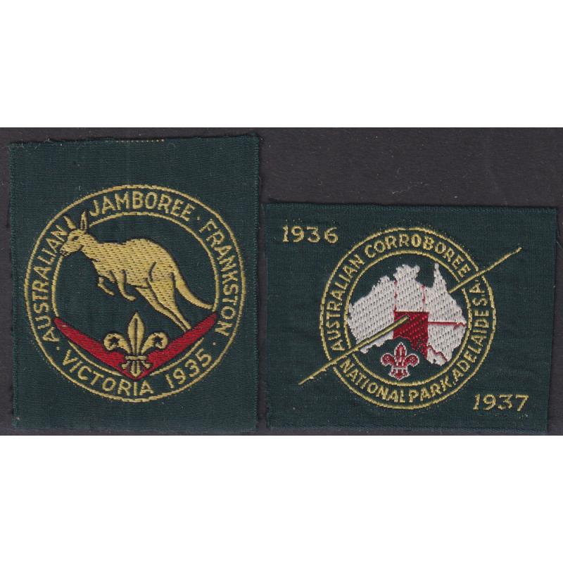 (MM1427) AUSTRALIA · embroidered cloth scout badges for 1935 AUSTRALIAN JAMBOREE FRANKSTON and 1936/37 AUSTRALIAN CORROBOREE ADELAIDE both in "never sewn on" condition (2)