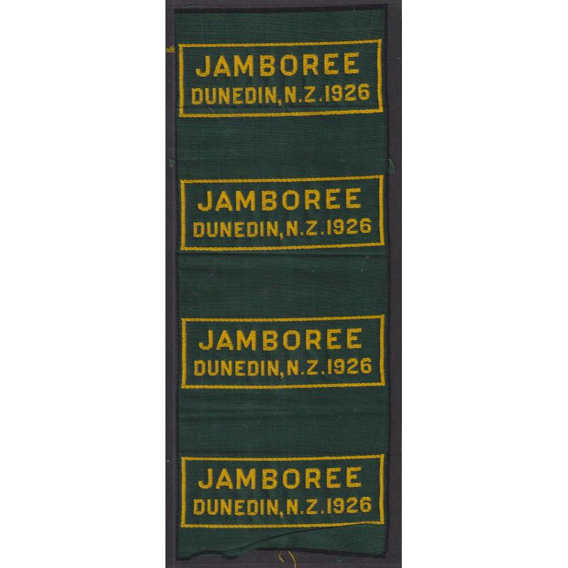 (MM1429) NEW ZEALAND · strip of 4x woven JAMBOREE DUNEDIN, N.Z. 1926 scout badge · bottom unit could use a touch with an iron o/wise condition is excellent · rare survivor nearly 100 years old!