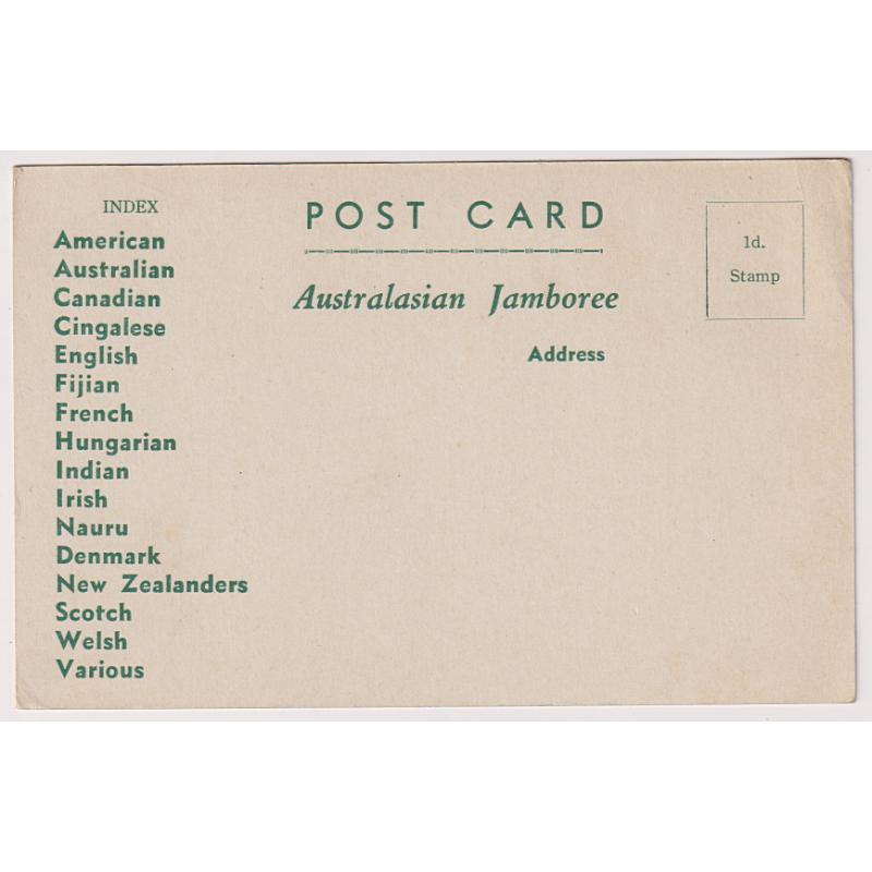 (MM1436) AUSTRALIA · 1938/39: unused humorous greeting postcard designed for use at the Australasian Scout Jamboree held at Bradfield Park, N.S.W. · nice condition and very much a rare survivor (2 images)