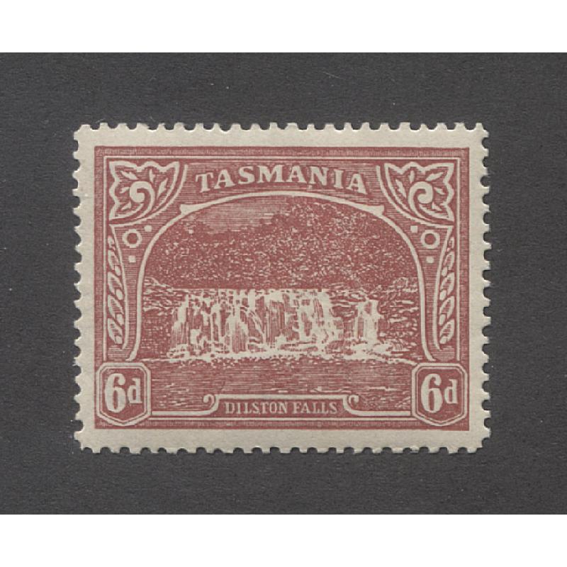 (MM(15032) TASMANIA · 1911: well-centred fresh mint 6d dull carmine-red Pictorial (upright & inverted Crown/A wmk · perf.12.4) BW T60Bab · scarcity not reflected by AU$75 c.v. (2 images)