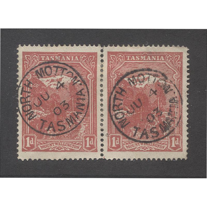(MM15035) TASMANIA · 1903: used pair (re-inforced with a hinge) 1d rose-reds (upright V/Crown wmk · perf.12.4) the RH unit showing State 1 of the BIG TREE RETOUCH  BW 10Lea · c.v. for variety AU$150