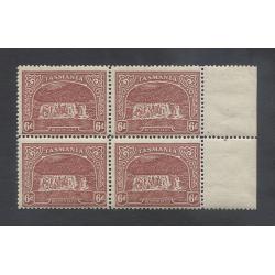 (MM15040) TASMANIA · 1911: MNH marginal block of 4x electrotyped 6d dull carmine-red Pictorials (Crown/A wmk sideways to L · perf.12.4) BW T60B · c.v. for same MLH is AU$240 · see full description (2 images)