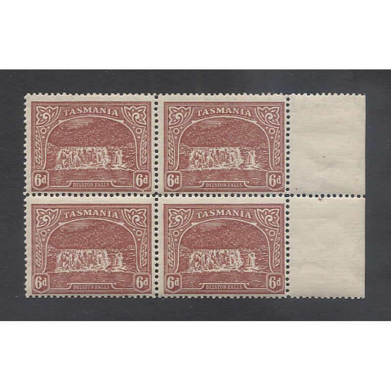 (MM15040) TASMANIA · 1911: MNH marginal block of 4x electrotyped 6d dull carmine-red Pictorials (Crown/A wmk sideways to L · perf.12.4) BW T60B · c.v. for same MLH is AU$240 · see full description (2 images)