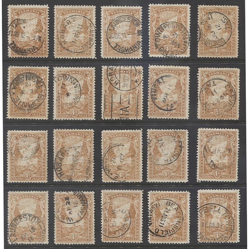 (MM15043L) TASMANIA · 1911: assembly of 20 used 4d brown-ochre Pictorials SG 247c · c.v is £55 each = £1100 · ideal for shade study, re-sale, etc. (20)