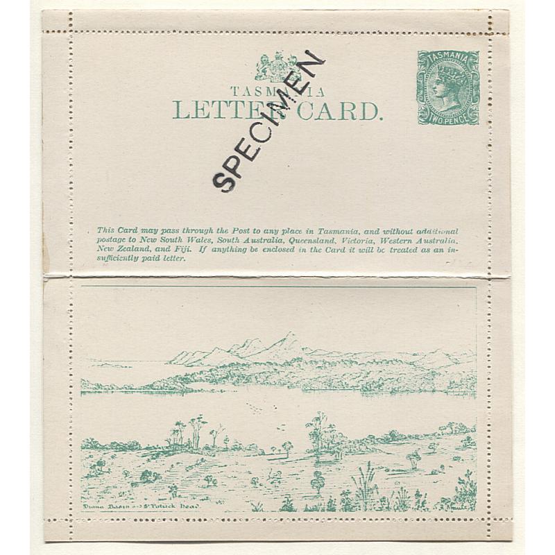 (MM15051) TASMANIA · 1898: 2d bright green on white QV pictorial letter card with illustrated view "Diana Basin & St Patrick Head" Groom & Shatten LC1C handstamped SPECIMEN (Butler Type C) · VF condition and scarce thus (2 images)