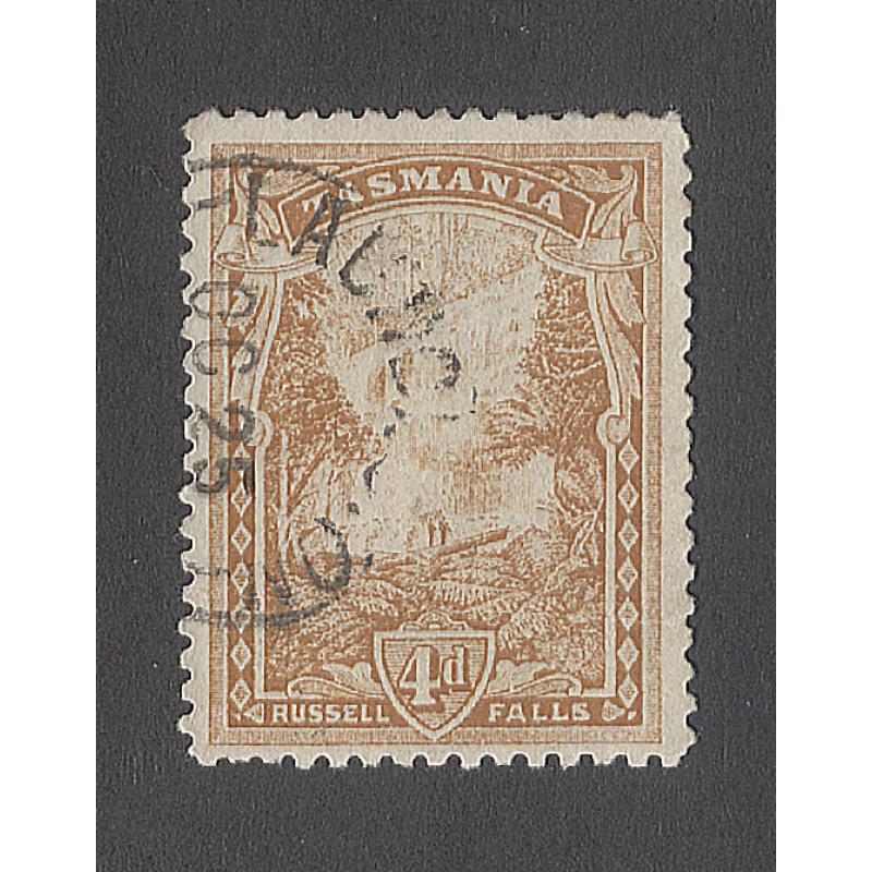 (MM15069) TASMANIA · 1911: lightly used 4d brown-ochre Pictorial SG 247c with WHITE FLAW ABOVE LAST A IN TASMANIA variety (Plate 5/38) · v.light vertical crease barely visible from front · not currently listed in BW · c.v. for "normal" £60