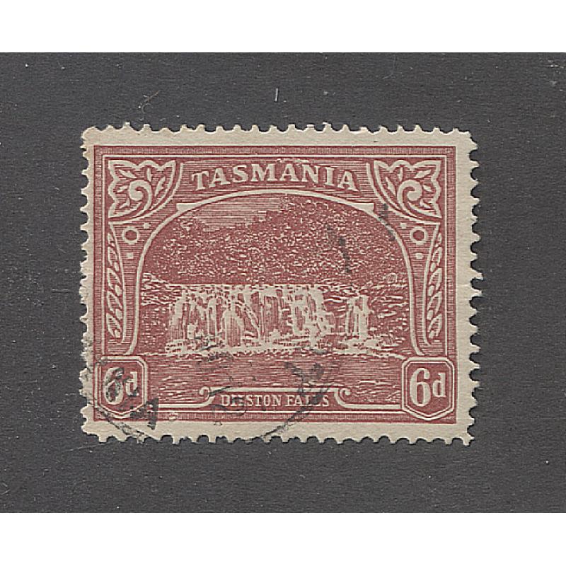 (MM15071) TASMANIA · 1911: very lightly used 6d dull carmine Pictorial (Crown/A · perf.12.4) SG254c · FLAW ABOVE AN of TASMANIA · vendor states position as Plate 2/26 · c.v. £55 for "normal"