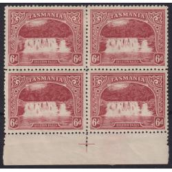 (MM15072) TASMANIA · 1908: mint marginal block of 4x lithographed 6d lake Pictorials (Crown/A wmk · perf.12.4) SG 248 with 2 major varieties identified by the vendor .....see full description · total c.v. for "normal" £360 (2 images)