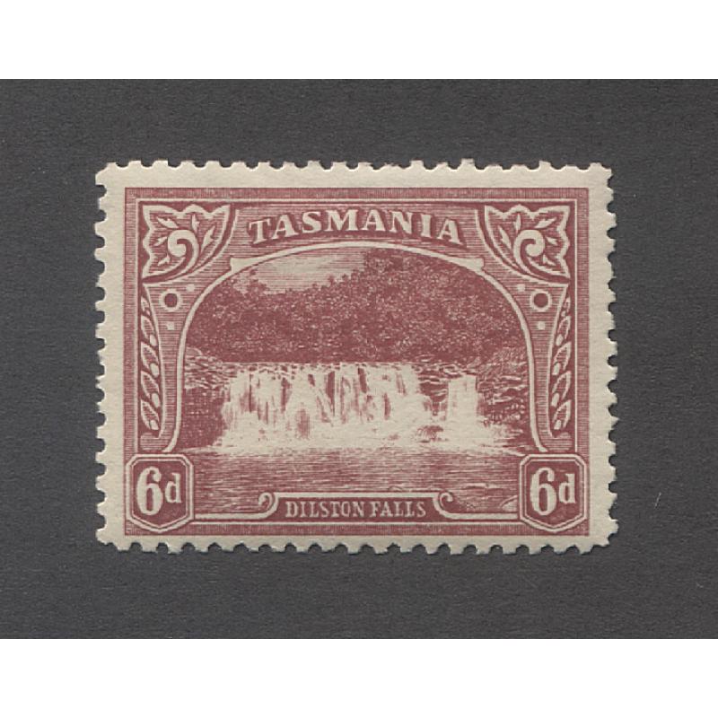 (MM15073) TASMANIA · 1908: mint lithographed 6d lake Pictorial (Crown/A Wmk · perf.11) SG 248a · clean hinge remnant · nice condition front and reverse · c.v. £100 (2 images)