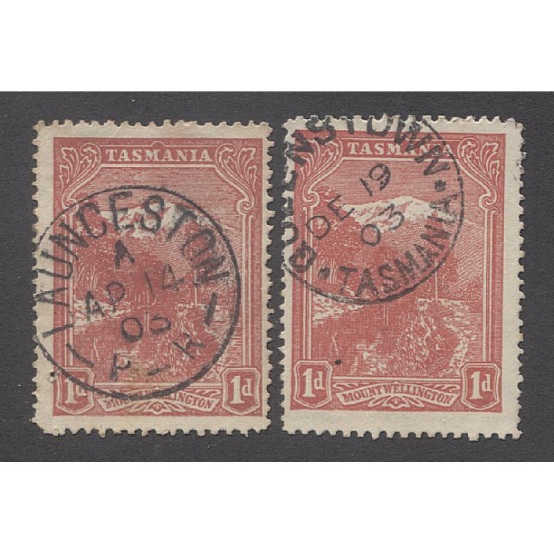 (MM15079) TASMANIA · 1903: used 1d rose-red Pictorials (V/Crown wmk · perf.12.4) showing States 1 & 2 of the BIG TREE RETOUCH BW T10 ea, eb · see full description · total c.v. AU$300