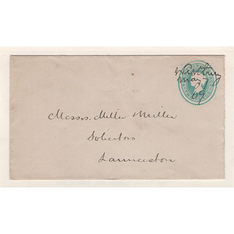 (MM15102) TASMANIA · 1909: 2d QV stamped-to-order envelope used by E.Adams, Solicitor Westbury · used from there with an excellent example of the WESTBURY mss cancel dated "May 7th" ... the ERD · rated 4R