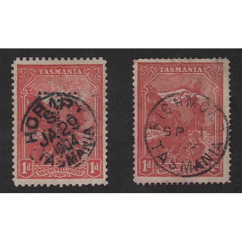 (MM15104) TASMANIA · 1903: 2x used 1d rose-red Pictorials (V/Crown wmk · perf.12.4) showing late states of the VOLCANO RETOUCH variety BW T12Cdb · some imperfections but very displayable · total c.v. AU$300