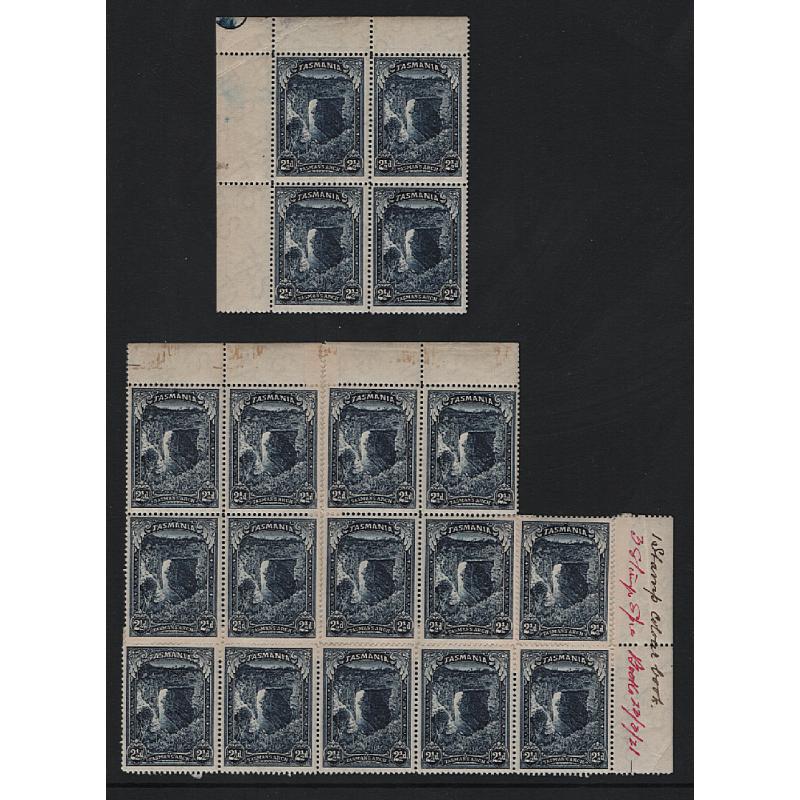 (MM15107L) TASMANIA · 1900: mainly MNH 2½d Pictorials SG232 ex De La Rue Archives comprising a blk of 4 and a multiple of x14 · see full description for specific information · 18 stamps ·  ex Groom Collection (2 images)