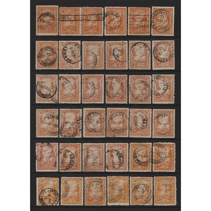 (MM15110L) TASMANIA · 1907/12: selection of used lithographed 4d Pictorials · includes 3 main shades and some plate varieties · condition a little mixed · see full description for more specifics · total BW c.v. AU$3000+!!