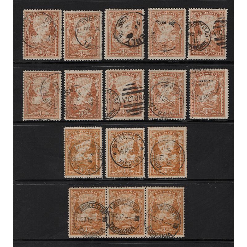(MM15111L) TASMANIA · 1911/12: VG to FU 4d brown-ochre and 4d yellow-orange Pictorials BW T58C & D · total c.v. AU$1600 · includes 2x T perfins and a strip of 3