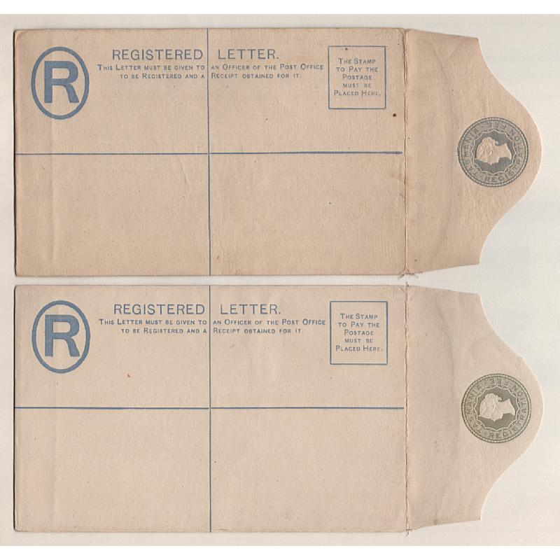 (MM15112) TASMANIA · 1892: unused registered letter envelopes in both sizes and the indicia in both colours G&S RE3A.1 x2 and RE 3B.1 x2 · condition a little mixed but all are "presentable" or better and rated S · 4 items (2 images)