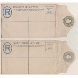 (MM15112) TASMANIA · 1892: unused registered letter envelopes in both sizes and the indicia in both colours G&S RE3A.1 x2 and RE 3B.1 x2 · condition a little mixed but all are "presentable" or better and rated S · 4 items (2 images)