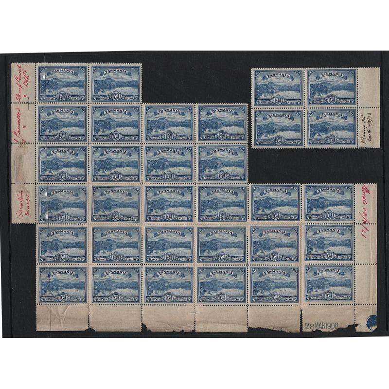 (MM15114L) TASMANIA · 1900: mainly MNH 5d Pictorials SG235  ex De La Rue Archives comprising a block of 4 and multiple of x28 · see full description for specific information · 32 stamps ·  ex Groom Collection (2 images)
