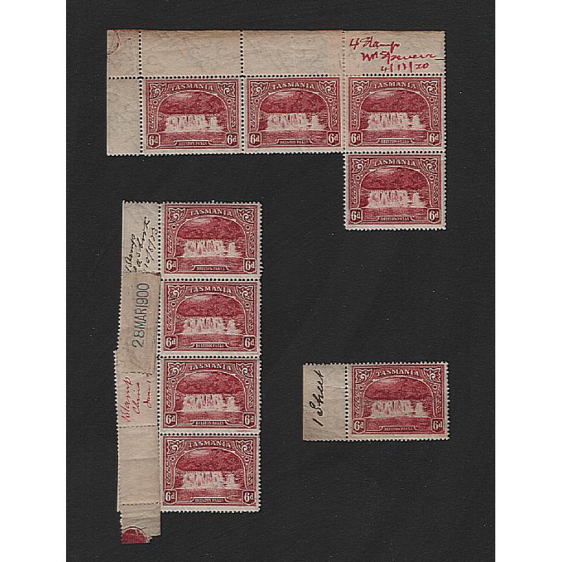 (MM15115L) TASMANIA · 1900: mainly MNH 6d Pictorials ex De La Rue Archives from a 'single' to a multiple of x22 · see full description for specific information ·31 stamps ·  ex Groom Collection (4 images)