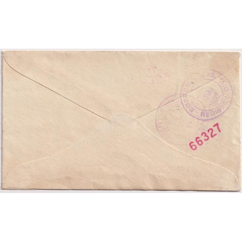 (MM1512) TASMANIA · 1901 (Dec 14th): regd commercial cover to USA with 2½d QV Key Plate + 3d Pictorial franking tied by 2 strikes of the Hobart Type 1(vi) duplex canceller (a very late use of same) · see full description · Tacoma and Boston b/stamps