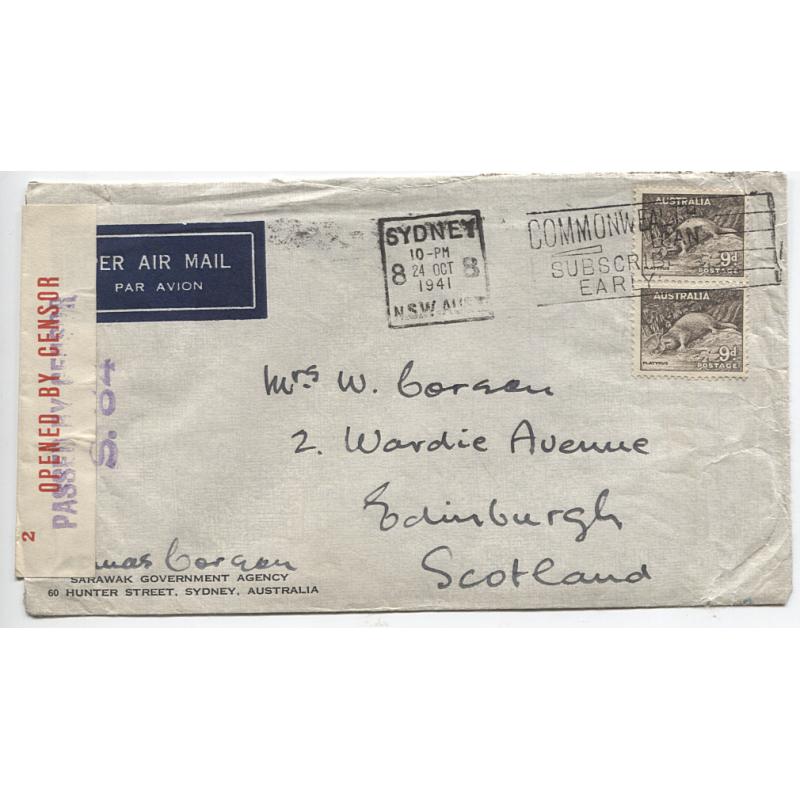 (MM1980) AUSTRALIA · 1941: censored air mail cover to Scotland in excellent condition front and reverse - pair 9d Platypus franking