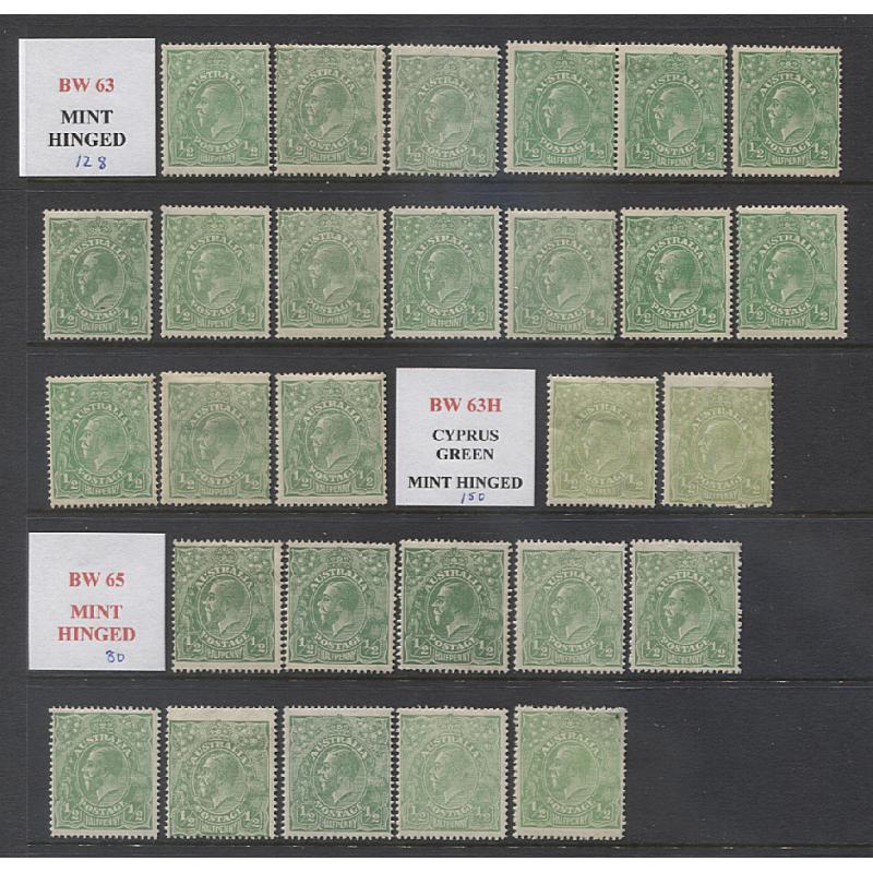 (MN15002L) AUSTRALIA · 1915/18: selection of mint ½d green KGV defins with wmks, etc. identified by the vendor · gum condition is mixed but anything 'orrible has been removed · BW c.v. AU$350 · 28 stamps (2 images)