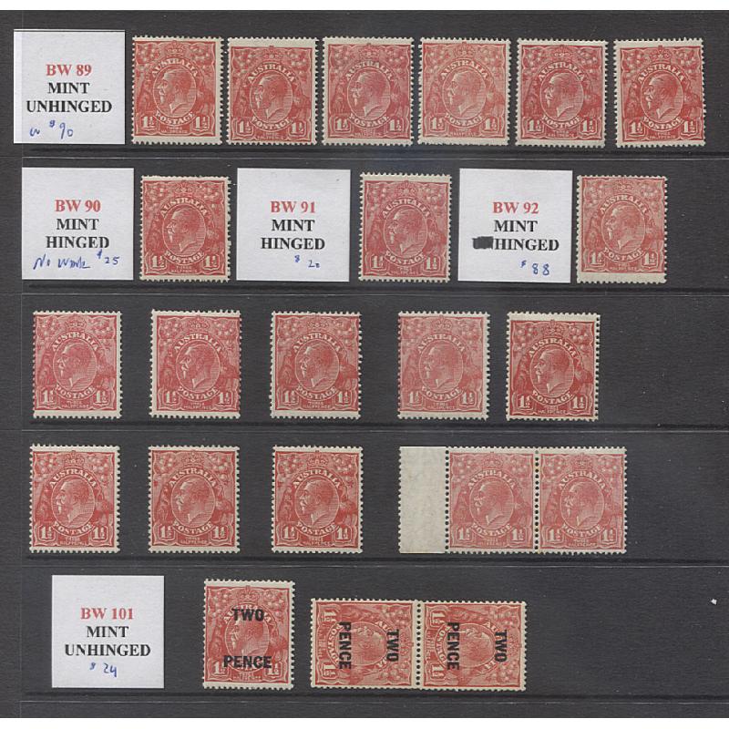 (MN15003L) AUSTRALIA · useful MNH/M assembly of Die I/II 1½d red KGV defins, the various issues identified by the vendor · overall gum condition and appearance is excellent to fine · 22 stamps · total c.v. AU$240+ (2 images)