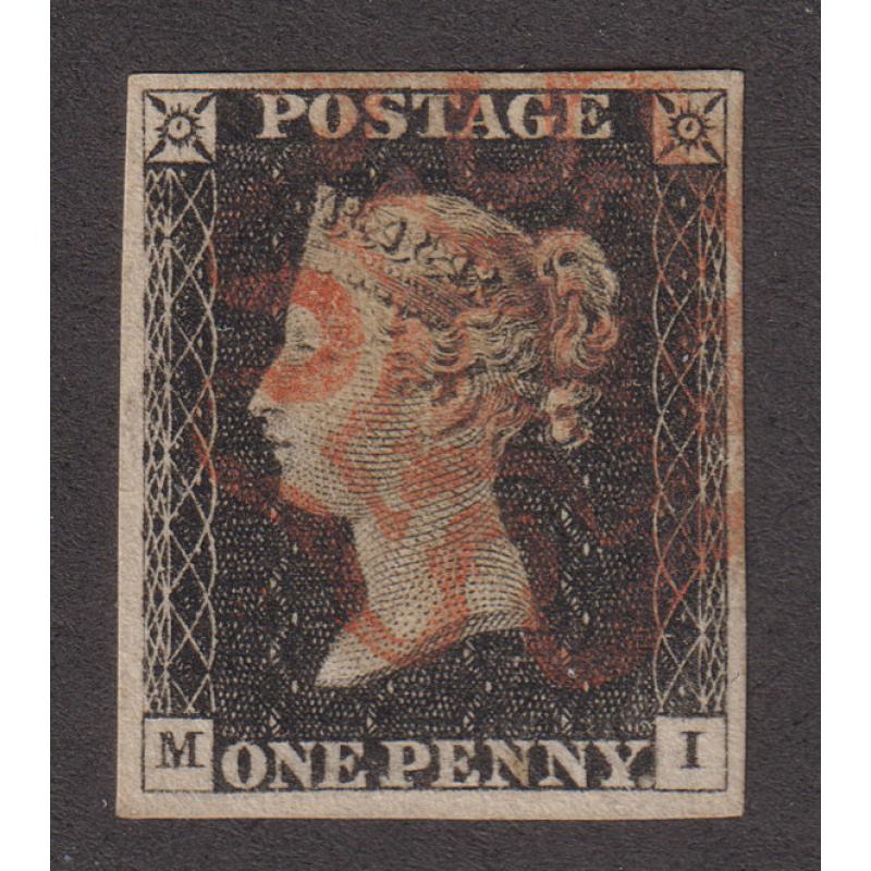 (MP1000) GREAT BRITAIN · 1840: lightly used unplated 1d black QV (Alphabet I letters 'M' · 'I' - ) SG 2 · 4 excellent margins and in fine condition · c.v. £375 · a very nice used example!