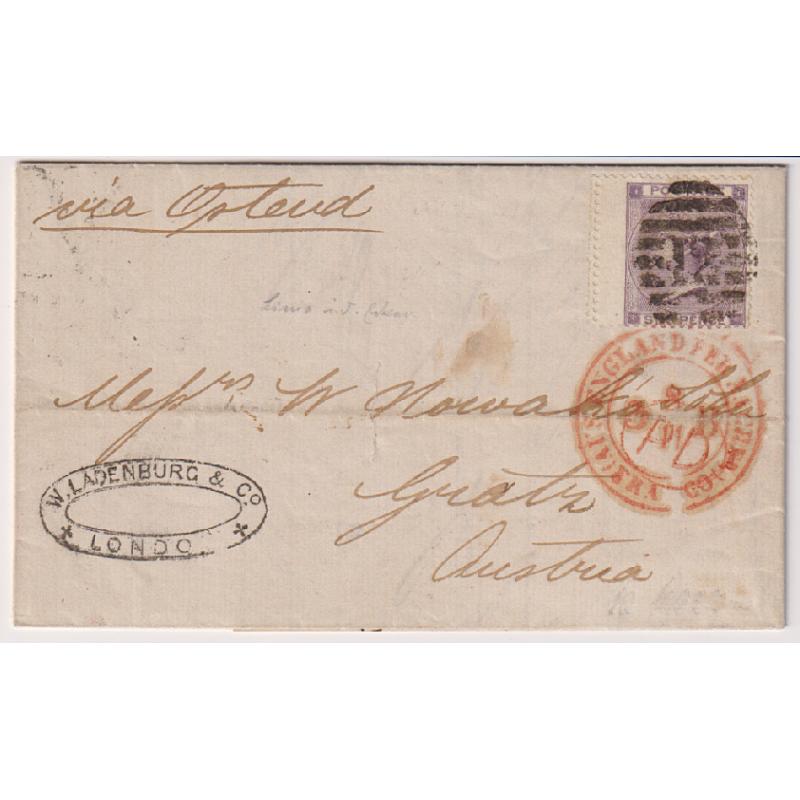 (MP1001) GREAT BRITAIN · 1863: folded letter to AUSTRIA with single Plate 3 6d lilac QV surface print (wing margin) franking SG 84 · excellent condition front/reverse · c.v. "on cover" £225 (2 images)