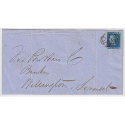 (MP1003) GREAT BRITAIN · 1856: clean folded letter outer with Die 2 2d blue QV franking (stated by vendor to be from Plate 5) SG 34 tied by London BN34 cancel · partial Wellington b/s · "on cover" c.v. £200 (2 images)