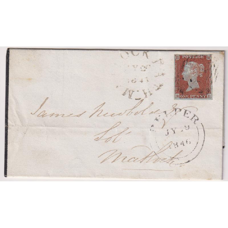 (MP1005) GREAT BRITAIN · 1846: folded letter with single Plate 48 1d red QV franking on very blued paper SG 8a mailed to Matlock from Belper · fine condition