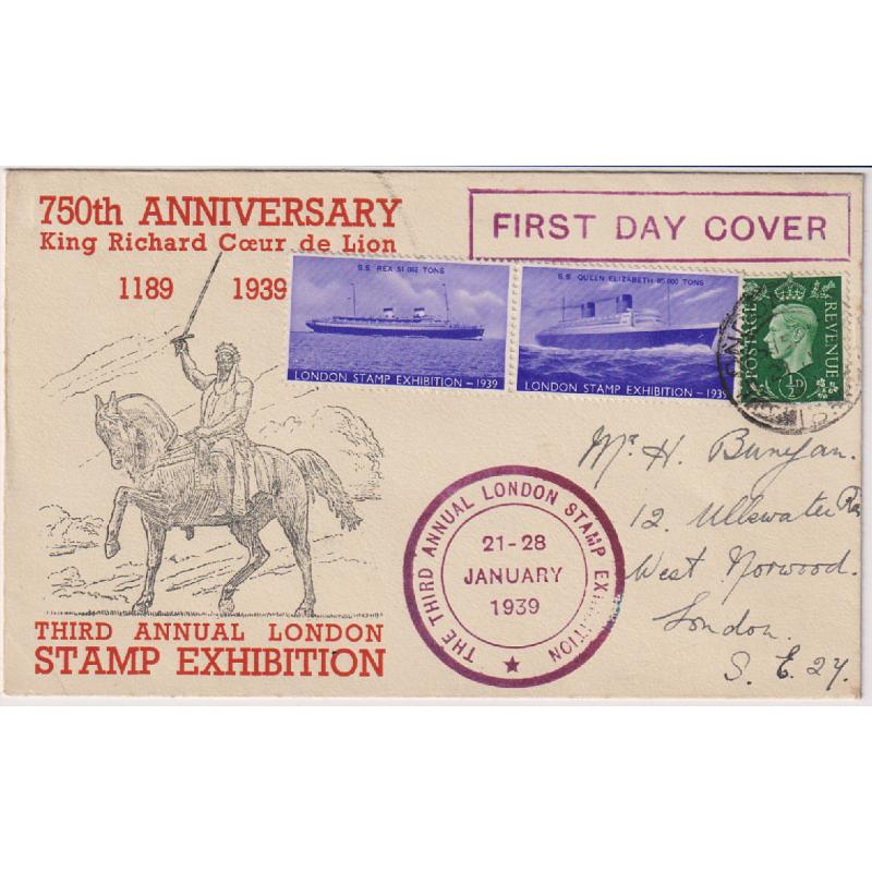 (MP1001) GREAT BRITAIN · 1939: THIRD ANNUAL LONDON STAMP EXHIBITION cacheted souvenir cover with exhibition h/stamp and a se-tenant pair of promotional cinderellas · excellent to fine condition