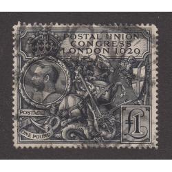 (MP1007) GREAT BRITAIN · 1929: £1 black Postal Union Congress SG 438 with London parcel cancel · condition is excellent front and back · c.v. £600 (2 images)