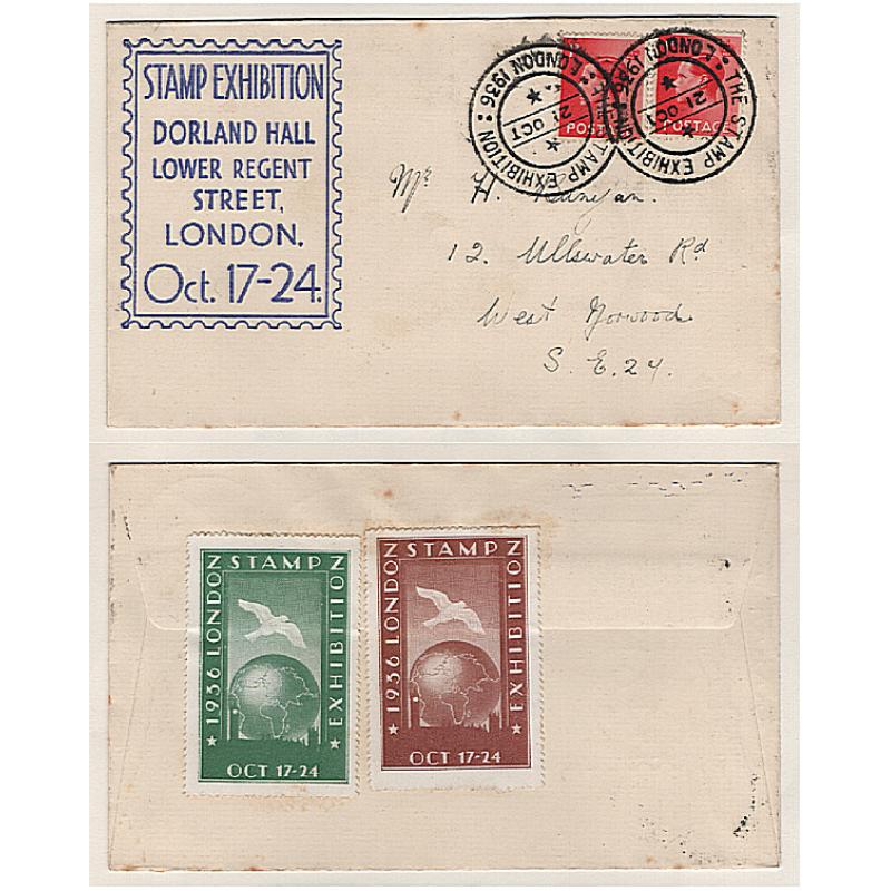 (MP1503) GREAT BRITAIN · 1936: souvenir cacheted cover mailed from the 1936 LONDON STAMP EXHIBITION · two exhibition promotional poster stamps on the back