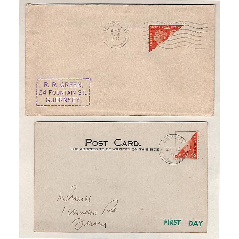 (MP1505) GREAT BRITAIN · GUERNSEY · GERMAN OCCUPATION  1940/41: a card and a cover with bisects od the 2d KGVI defin and 2d Stamp Centenary commem · m/cancel on latter has altered zero in date to make a '1' · excellent to fine condition