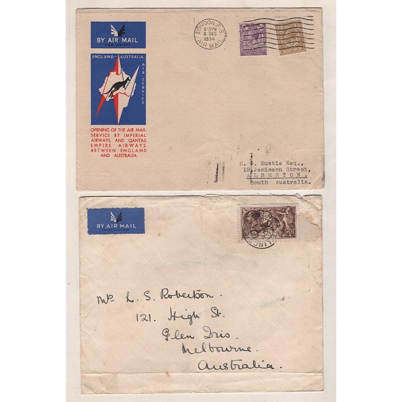 (MP1507L) GREAT BRITAIN · 1934/35: cacheted souvenir cover celebrating the opening of the Imperial/QANTAS Airways G.B./Australia air mail service · also double rate air mail cover from 1935 (2)