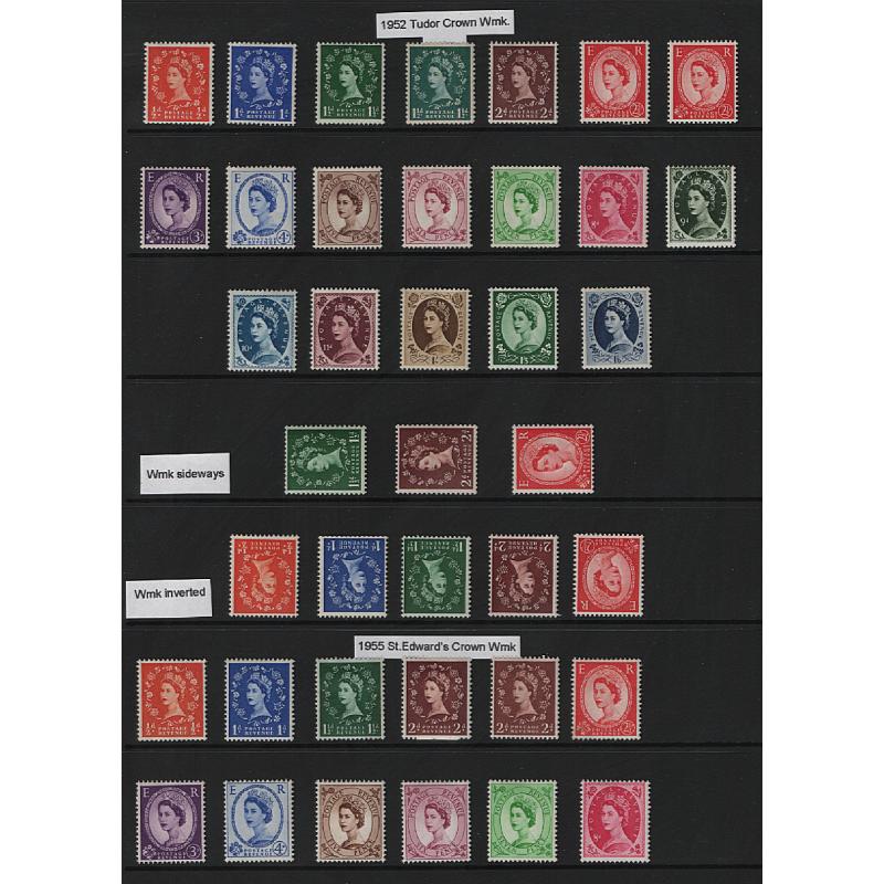 (MP1508L) GREAT BRITAIN · 1952/58: mint (mainly MNH) QEII "Wilding" definitives collection on 3 Hagners · all sorted with watermarks (including positions) identified · fresh condition throughout · total c.v. approx. £500 (3 images)