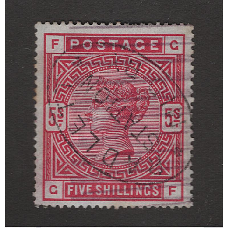 (MP1513) GREAT BRITAIN · 1883: ightly used 5/- crimson QV S/face on white paper SG 181 · several shortish perf tips at top o/wise in excellent condition front & back · c.v. £250