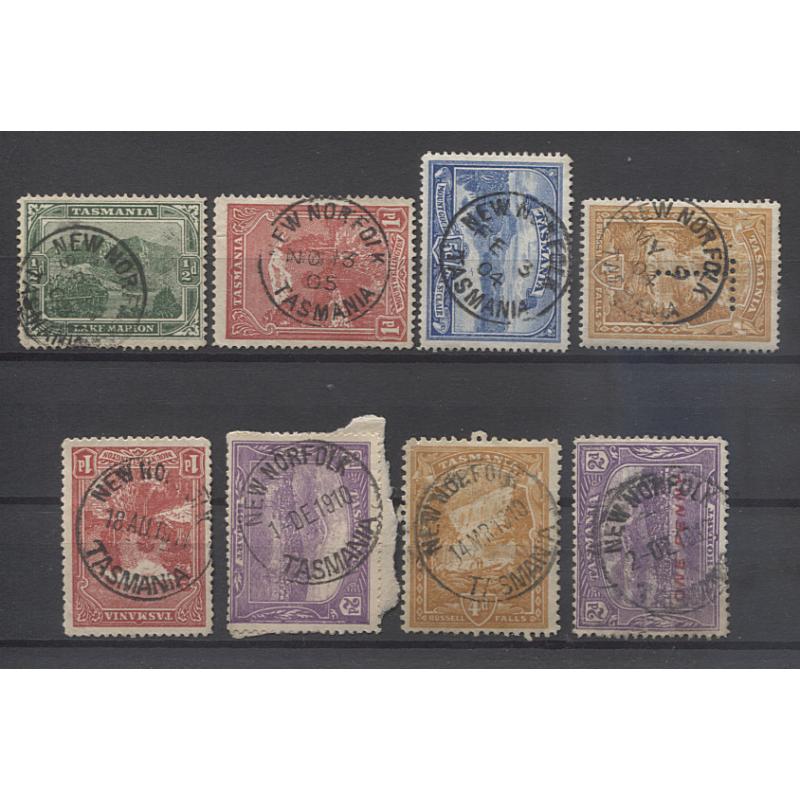 (MR1007) TASMANIA · 1904/12: selected strikes of the NEW NORFOLK Types 1 & 2a cds on different Pictorials to 5d · uncommon cancel on non-letter rate values (8)