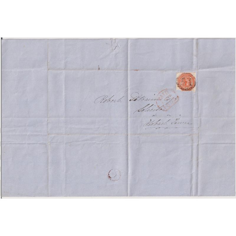 (MS1000) TASMANIA · 1855: intact folded letter to Hobart Town mailed from SORELL · BN54  ties faulty Plate II 4d orange Courier SG 10 to front · Hobart Pre-Paid datestamp clearly struck near franking · interesting legal letter