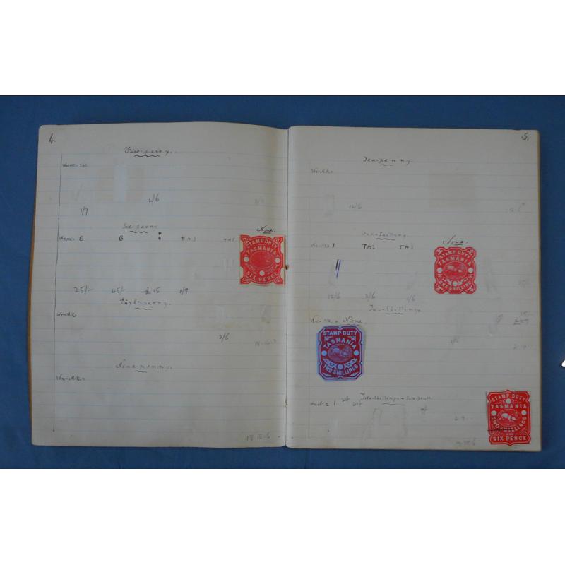 (MS1001L) TASMANIA · ancient exercise book re-purposed as a stamp album · envelope with stamp selvedge inside cover indicates stamp hinges could not be sourced · some Frank Stamps and embossed Platypus revenues, mostly cut-to-shape (5 sample images)