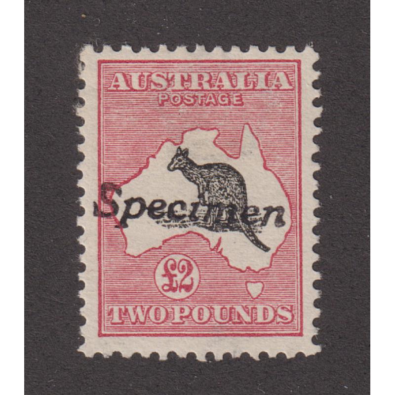 (PB1000) AUSTRALIA · 1913: fresh £2 black & rose Roo (1st Wmk) with Type A 'Specimen' overprint BW 55Ax · VG centering with excellent clean gum and excellent colour · c.v. AU$850 (2 images)