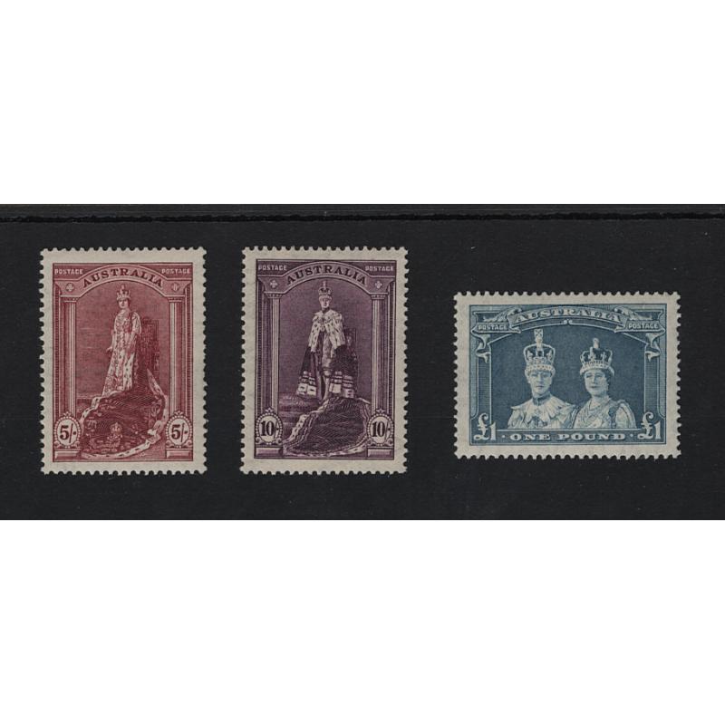 (PB1501) AUSTRALIA · 1948: fresh MNH "Robes" issue on thin paper SG 176a/178a · fine condition front and back · c.v. £146 (2 images)